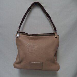 Marc Jacobs Pebbled Leather taupe hobo shoulder tote bag purse eggplant trim